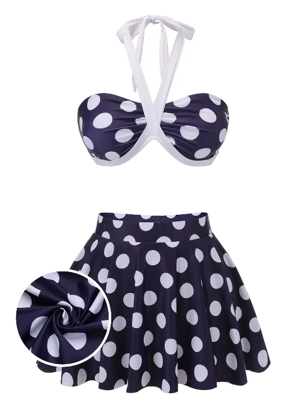 Navy Blue 1940s Polka Dot Halter SwimsuitStriped bikini