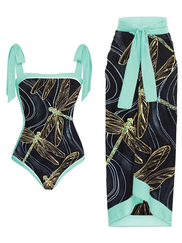 Black 1950s Dragonfly Lace-up Swimsuit & Cover-upAnimal print bikini