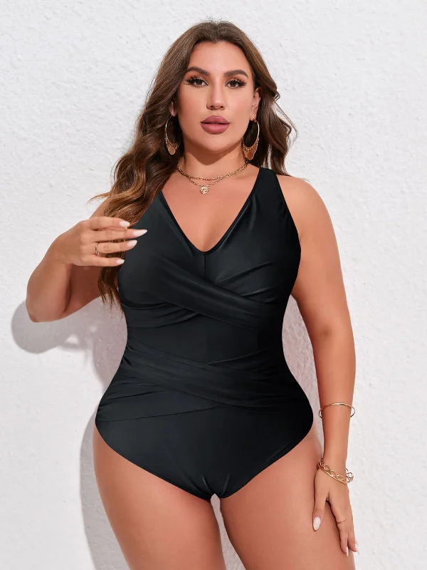 [Plus Size] Black 1940s Solid V-Neck One-Piece SwimsuitSport bikini