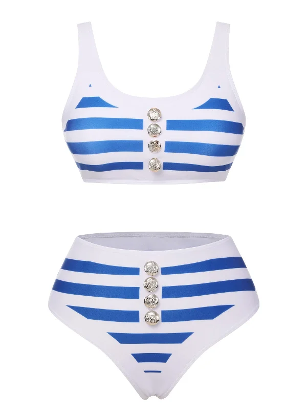 Blue & White 1950s Stripes Buttons SwimsuitBikini playsuit