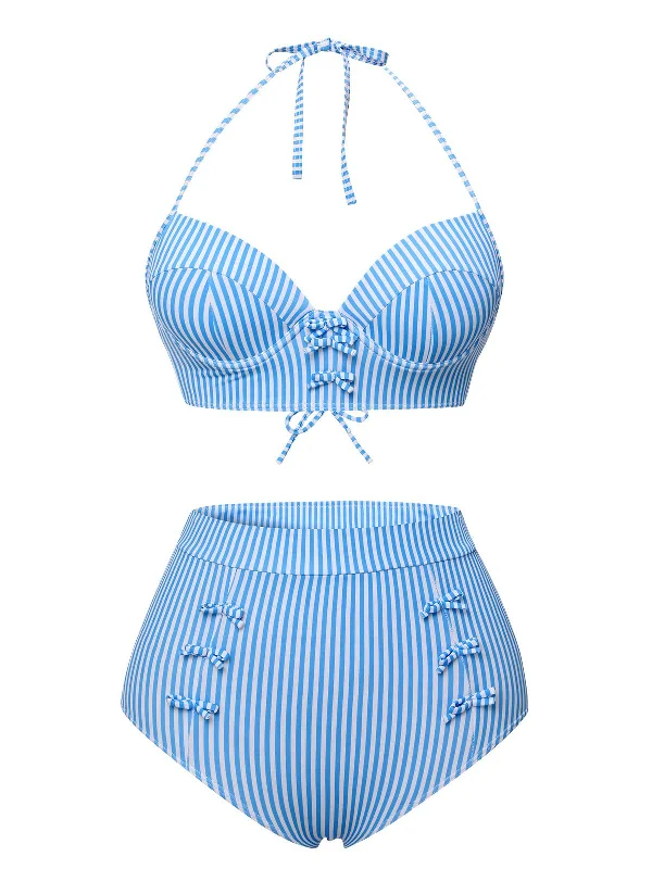 Blue 1950s Halter Bow Stripes SwimsuitFringed bikini