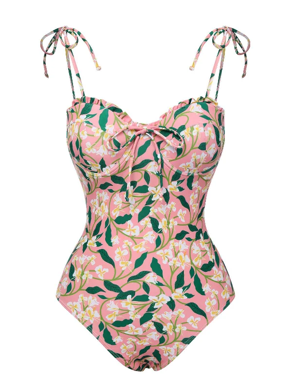 Pink 1950s Spaghetti Strap Plants Print SwimsuitTie-dye bikini