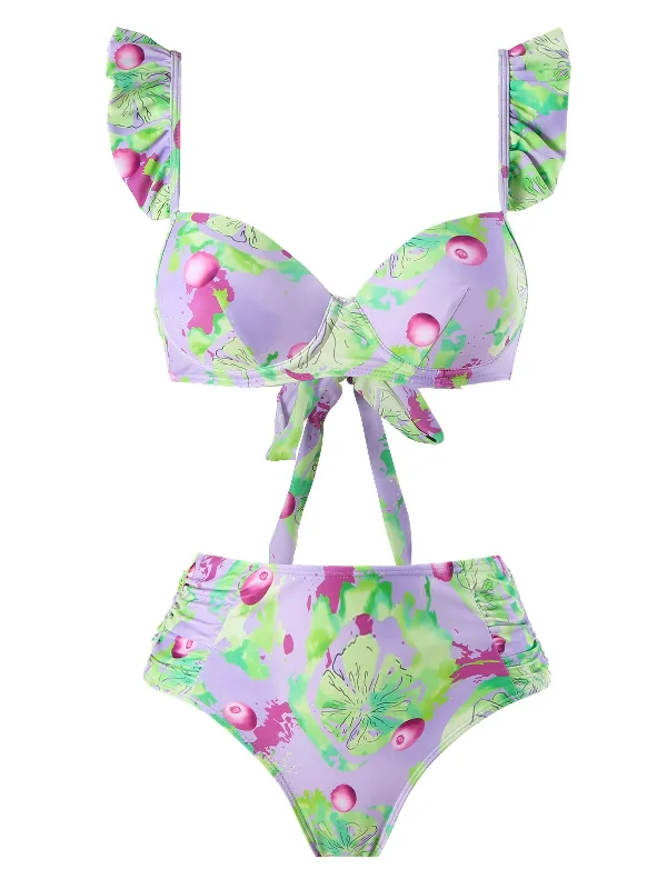 Light Green 1940s Grape Ruffle SwimsuitRash guard bikini