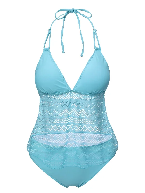 Light Blue 1930s Lace Hollow Halter SwimsuitTie-dye bikini