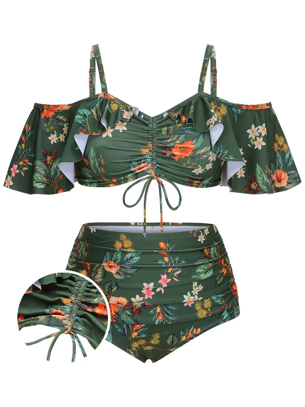 [Plus Size] Green 1950s Floral Drawstring Swimsuit SetBikini dress