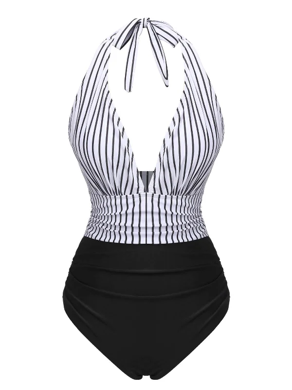 Black 1950s Deep V-Neck Stripe SwimsuitPastel bikini