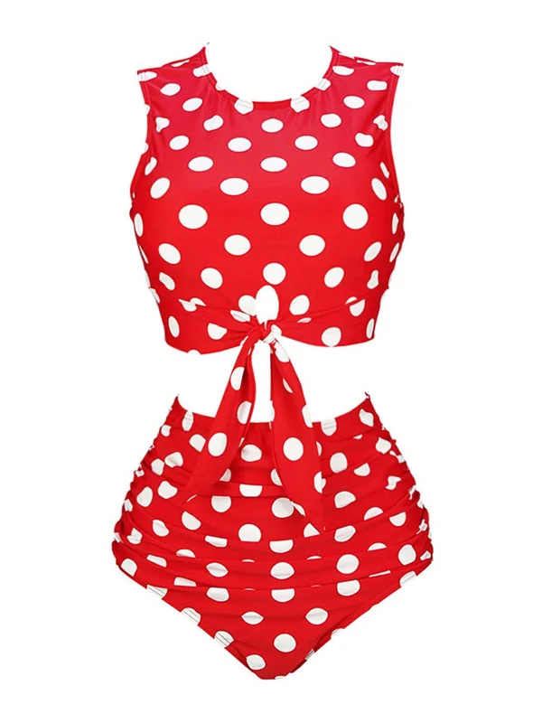 Red 1970s Polka Dots Waist Tie SwimsuitAdjustable bikini