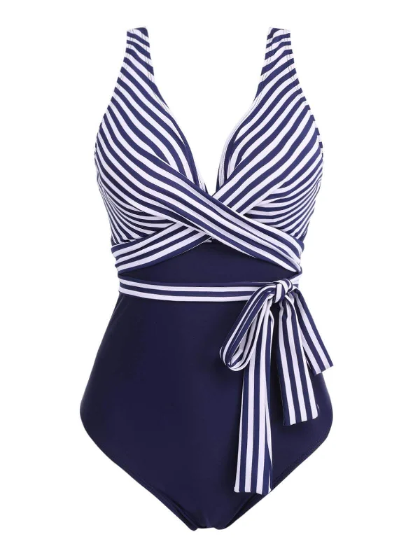 [Plus Size] 1950s Stripe Lace Up Patchwork One-Piece SwimsuitThong bikini