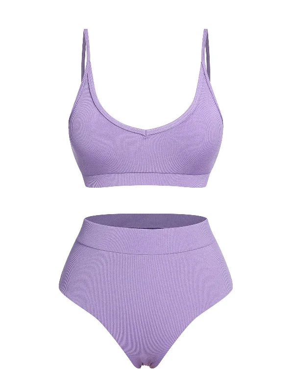 Purple 1950s Spaghetti Straps Solid SwimsuitConvertible bikini