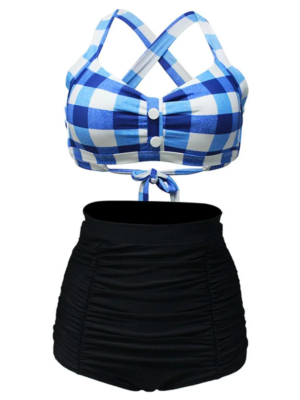 1950s Plaid Criss Cross Pleated BikiniFull-coverage bikini