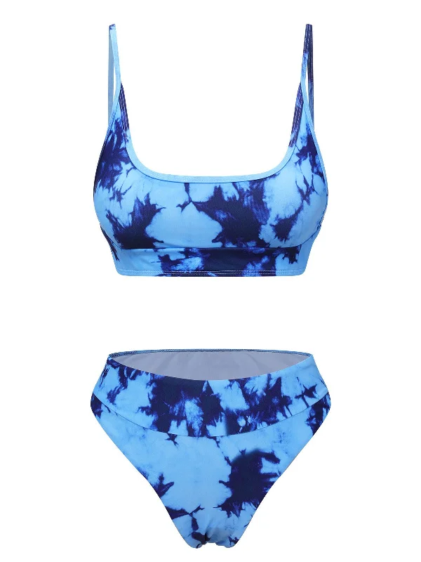 Blue 1950s Tie-Dye Spaghetti Straps SwimsuitGeometric bikini