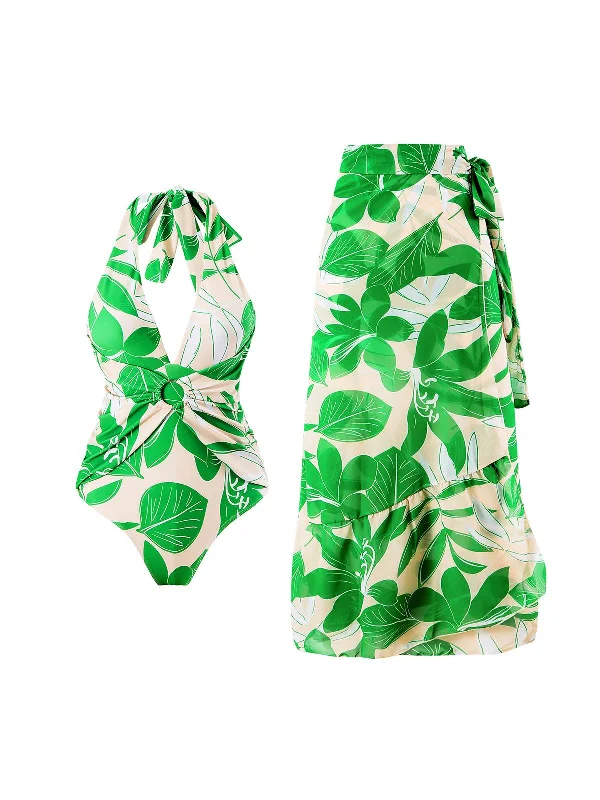 2PCS Green 1960s Plant Prints Halter Swimsuit & Long Cover-UpSequin bikini