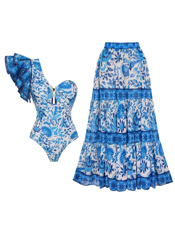 2PCS Blue 1950s One-Shoulder Print Swimsuit & Cover-UpOne-shoulder bikini