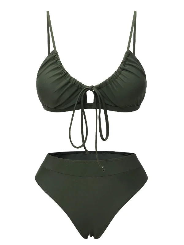 Army Green 1950s Solid Drawstring Halter BikiniNeon bikini