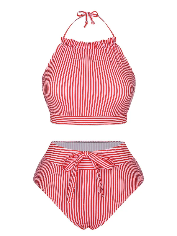 Red & White 1930s Striped Knot Halter SwimsuitRuffled bikini