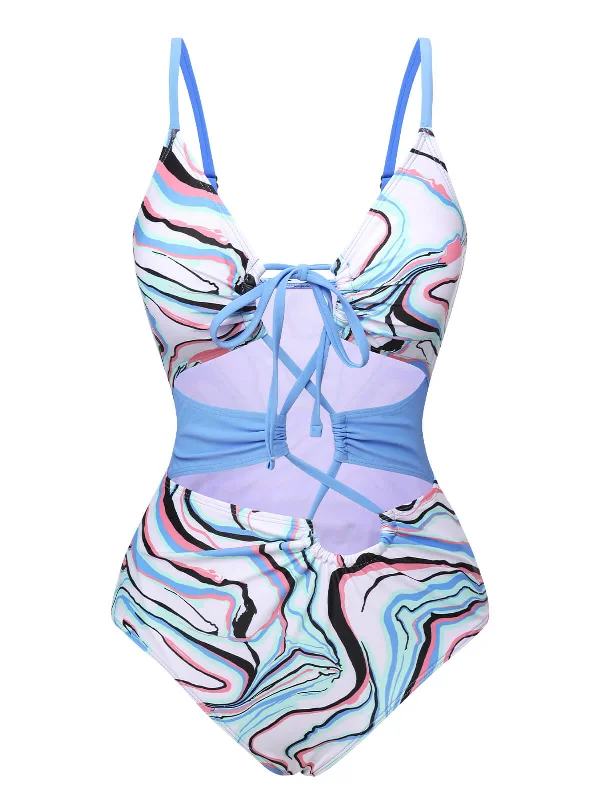 Blue 1940s Marble Print Hollow One-Piece SwimsuitBikini cover-up