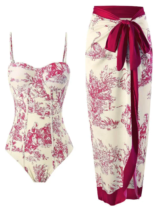 1960s Vintage Ink Floral Swimsuit & Cover-UpHigh-cut bikini