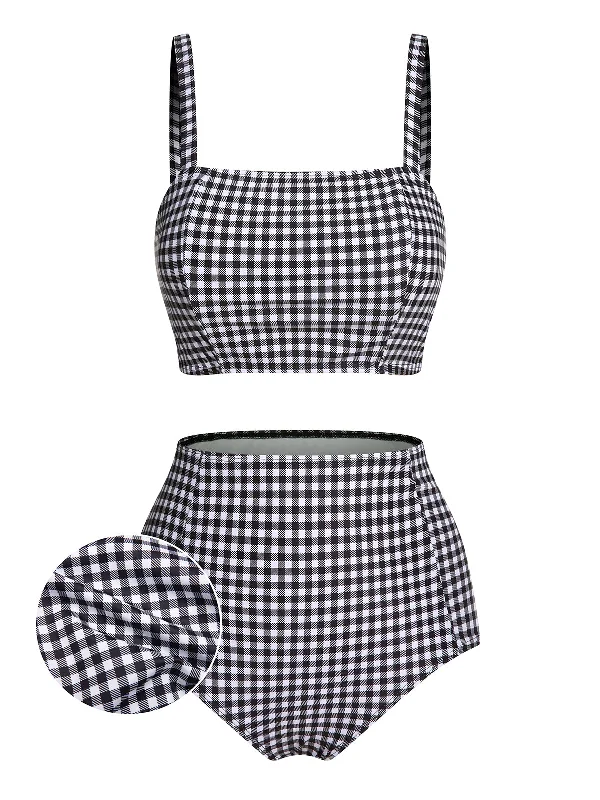 White&Black 1940s Plaid Suspenders SwimsuitBold bikini