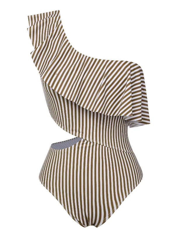 1970s One-Shoulder Stripes Ruffles One-Piece SwimsuitBikini jewelry