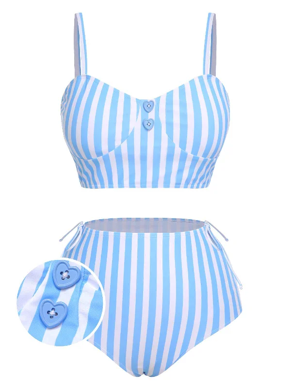 Blue 1950s Striped Heart Button SwimsuitAsymmetric bikini