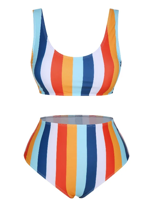 1930s Scoop Neck Rainbow Striped Swimsuit SetBoho bikini