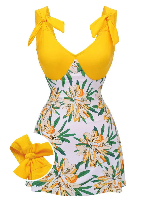 Yellow 1940s Floral Patchwork One-Piece SwimsuitPush-up bikini