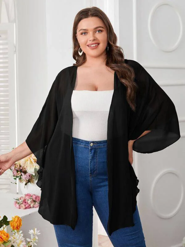 [Plus Size] Black 1960s Solid Dolman Sleeve Loose Cover UpSwim bikini