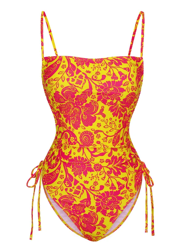 Orange 1950s Russian Floral Drawstring Strap SwimsuitOrganic bikini