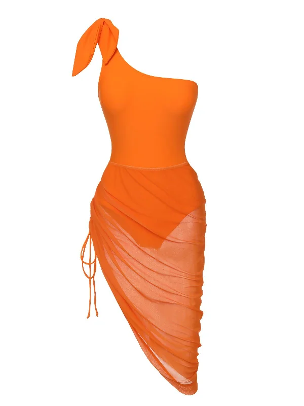 Orange 1940s Solid Swimsuit & High Low Cover-UpBikini belt