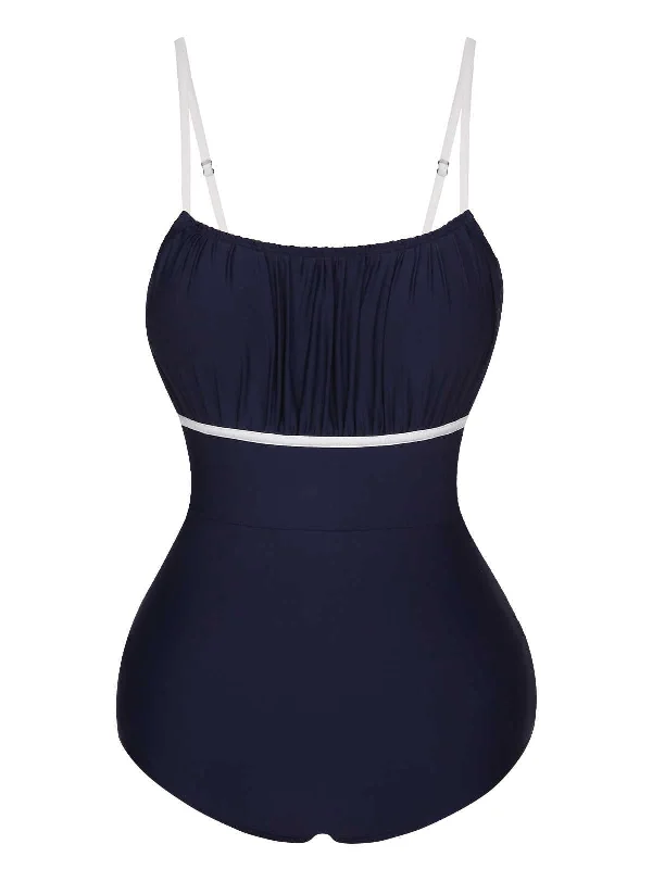 Dark Blue 1930s Spaghetti Strap Pleated SwimsuitConvertible bikini