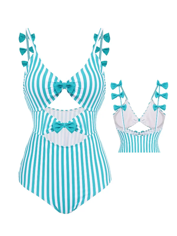 Blue 1960s Stripe Strap Bow One-Piece SwimsuitModern bikini