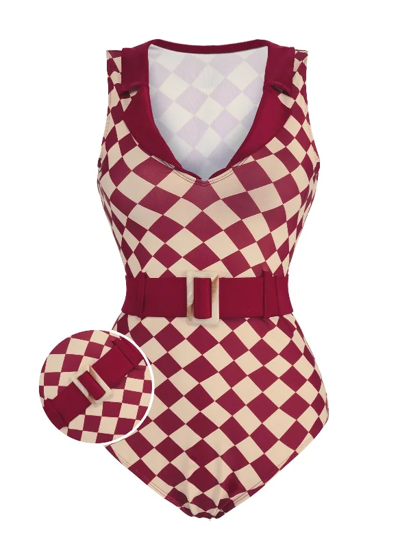 1930s Burgundy Diamond Lapel One-Piece SwimsuitHigh-cut bikini