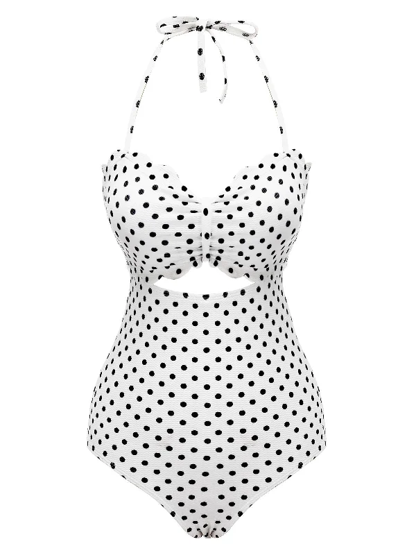 White 1940s Polka Dot Lace Up Halter SwimsuitSequin bikini