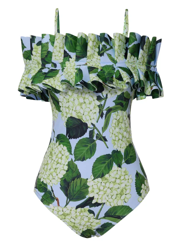 Green 1950s Hydrangea Floral Cold-Shoulder SwimsuitBikini accessory