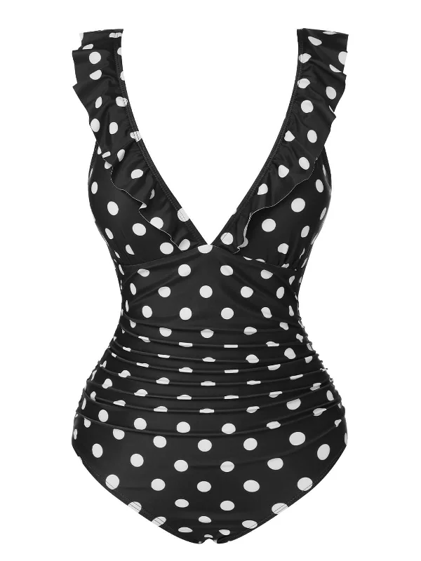 Black 1950s Polka Dot Ruffle V-Neck SwimsuitMinimalist bikini