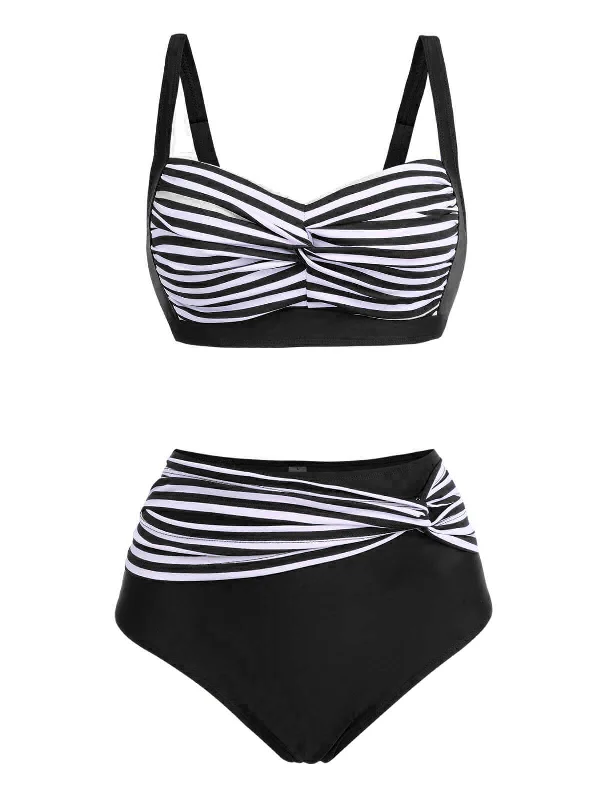 1950s Stripe Twisted Patchwork Strap SwimsuitRetro bikini