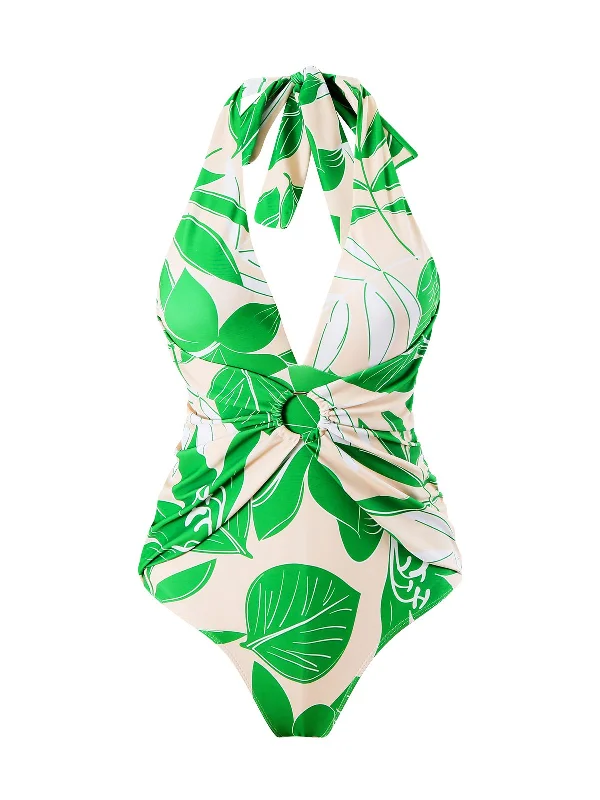 Green 1960s Plant Prints Halter One-Piece SwimsuitGlitter bikini