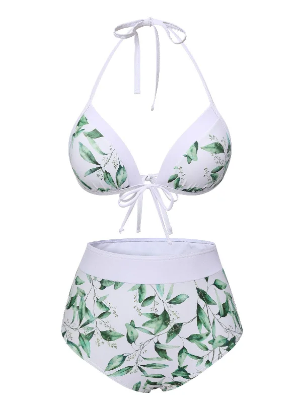 3PCS Light Green 1940s Spaghetti Straps Leaves SwimsuitAdjustable bikini