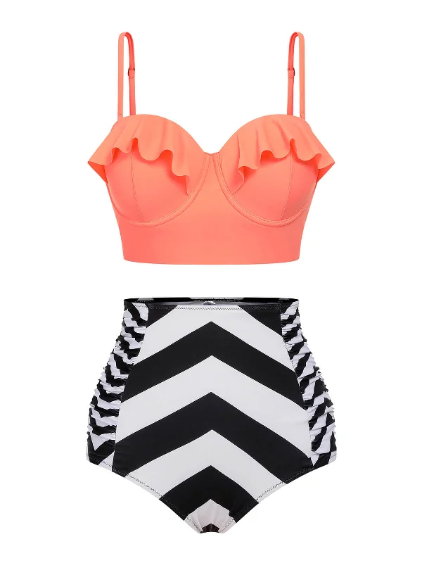 Orange 1940s Stripe Ruffles Strap SwimsuitBikini sandals