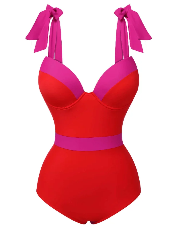 Red 1950s Colorblock Shoulder Tie-Up SwimsuitBikini top