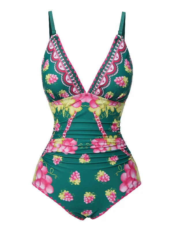 1950s Deep V Grape One-Piece SwimsuitEmbellished bikini