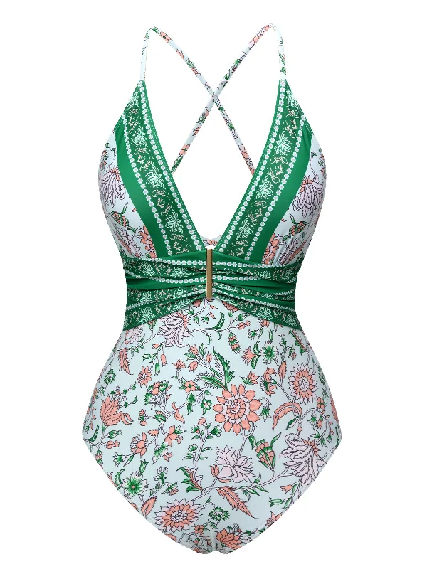 Green 1950s Floral Spaghetti Strap SwimsuitLayered bikini