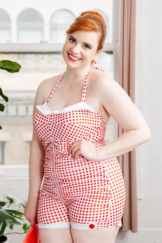 [Plus Size] Gingham 1950s Halter Bowknot One-piece SwimsuitHalter bikini