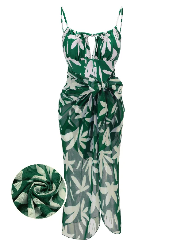 1960s Green Leaf Sleeveless Camisole Strap SwimsuitBikini romper