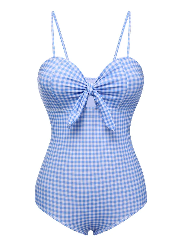 Blue 1950s Plaid Knot Strap SwimsuitCrochet bikini