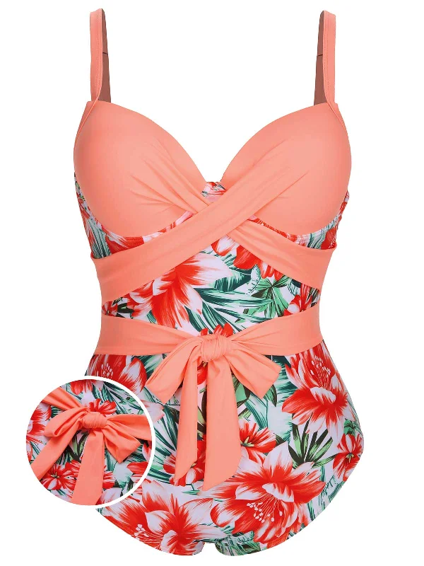 [Plus Size] 1940s Strap Flowers One-Piece SwimsuitBelted bikini