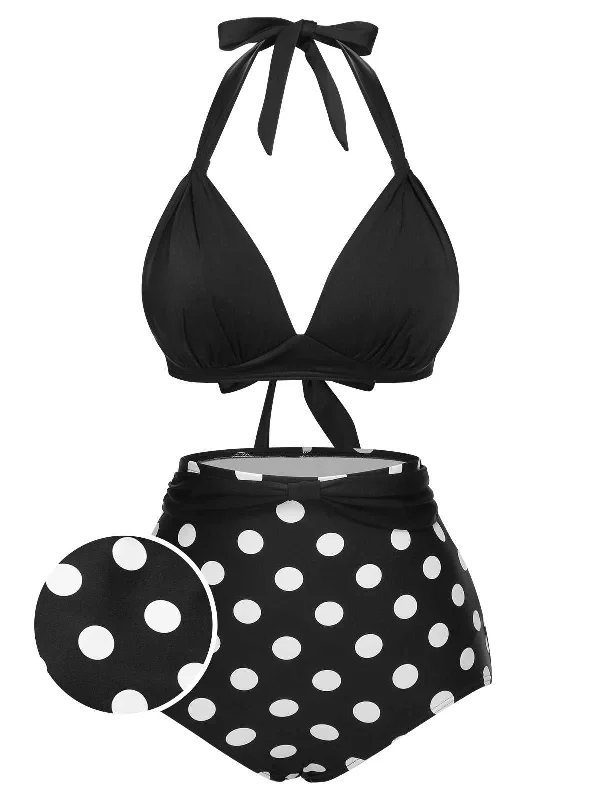 1950s Halter Contrast Polka Dots SwimsuitBikini thong