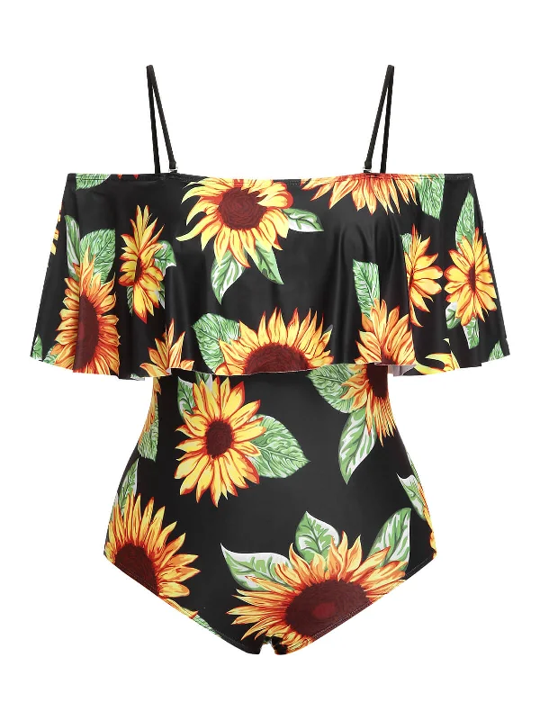 [Plus Size] Black 1940s Sunflower Cold-Shoulder SwimsuitBikini hat