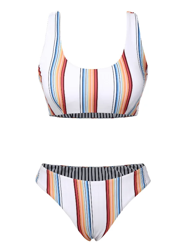 White 1950s Strap Stripes SwimsuitBikini pants