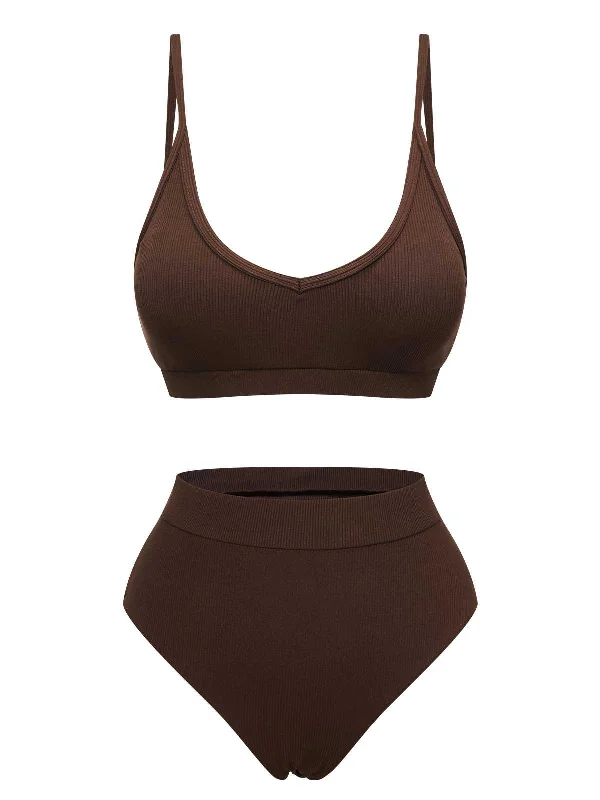 Brown 1950s Spaghetti Strap Solid SwimsuitComfort bikini